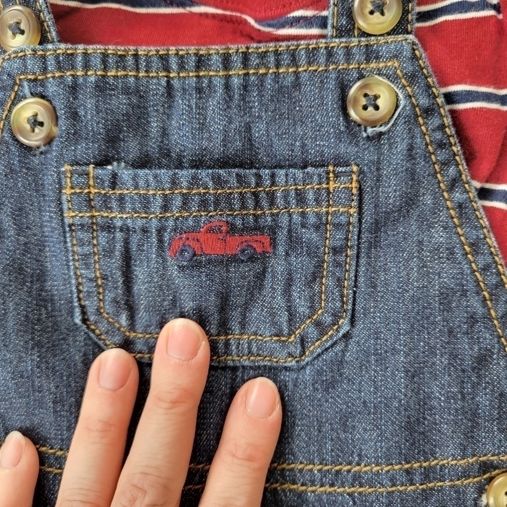 Just One You NWOT 2pc old truck Burgundy stripe long sleeve w/ jean overalls 3m - Picture 2 of 6